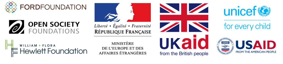 Ford Foundation, French Ministry of Foreign Affairs, Open Society Foundations, UNICEF, UKAid, USAID, Hewlett Foundation