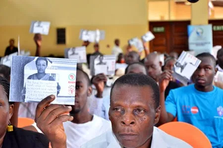 A Ugandan citizen holds a card in support of the #ValueOurHealth Campaign that CSBAG together with the Africa Health Budget Network (ABHN) launched at the CSO Pre-Budget Dialogue. The campaign is aimed at having UGX 36BN allocated to recruit 3542 Health Workers for General hospitals in FY 2016/17. This item is currently listed as an unfunded priority in the Ministry of Health Budget FY 2016/17.